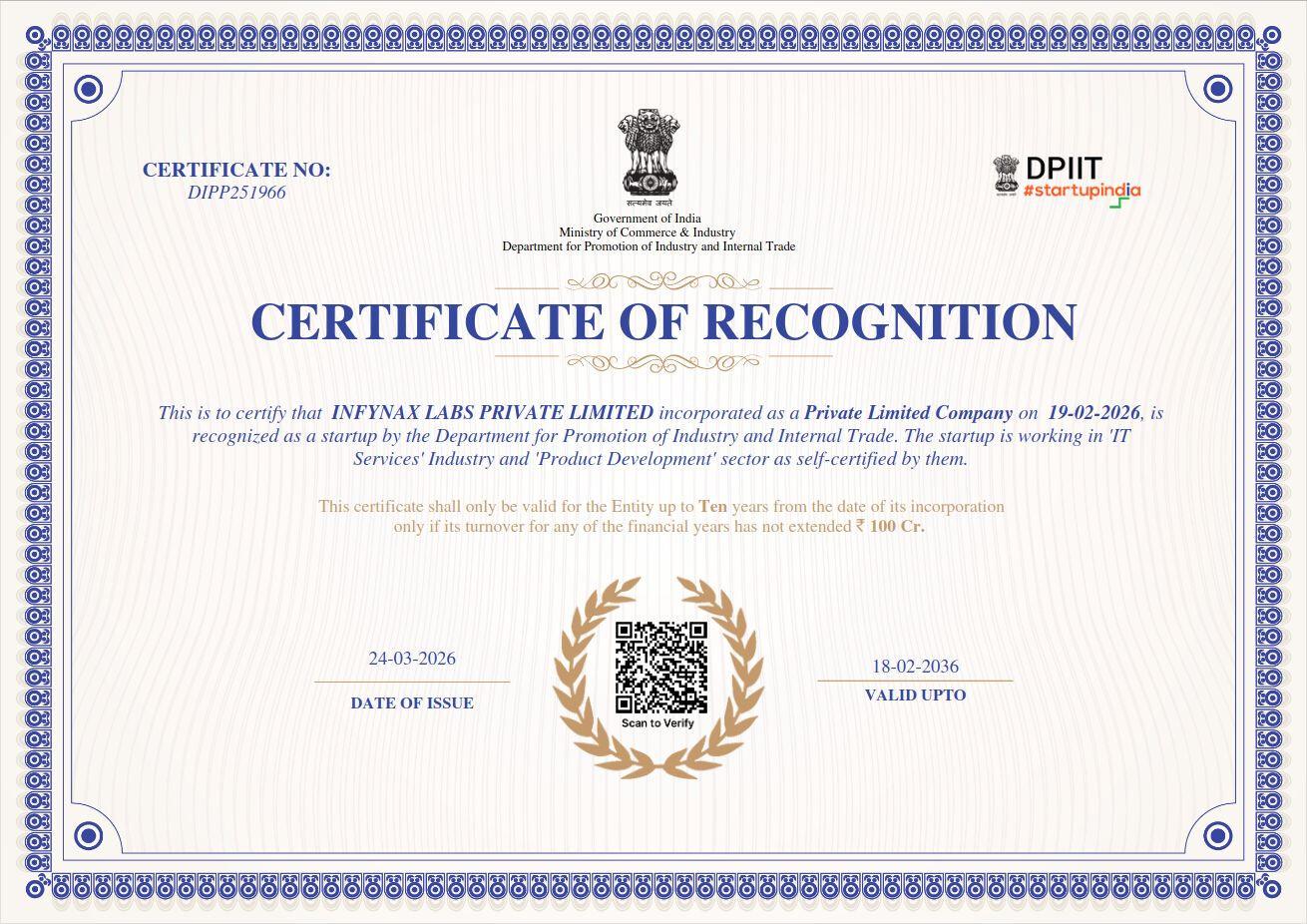 DPIIT Certificate of Recognition DIPP251966, issued to Infynax Labs Private Limited