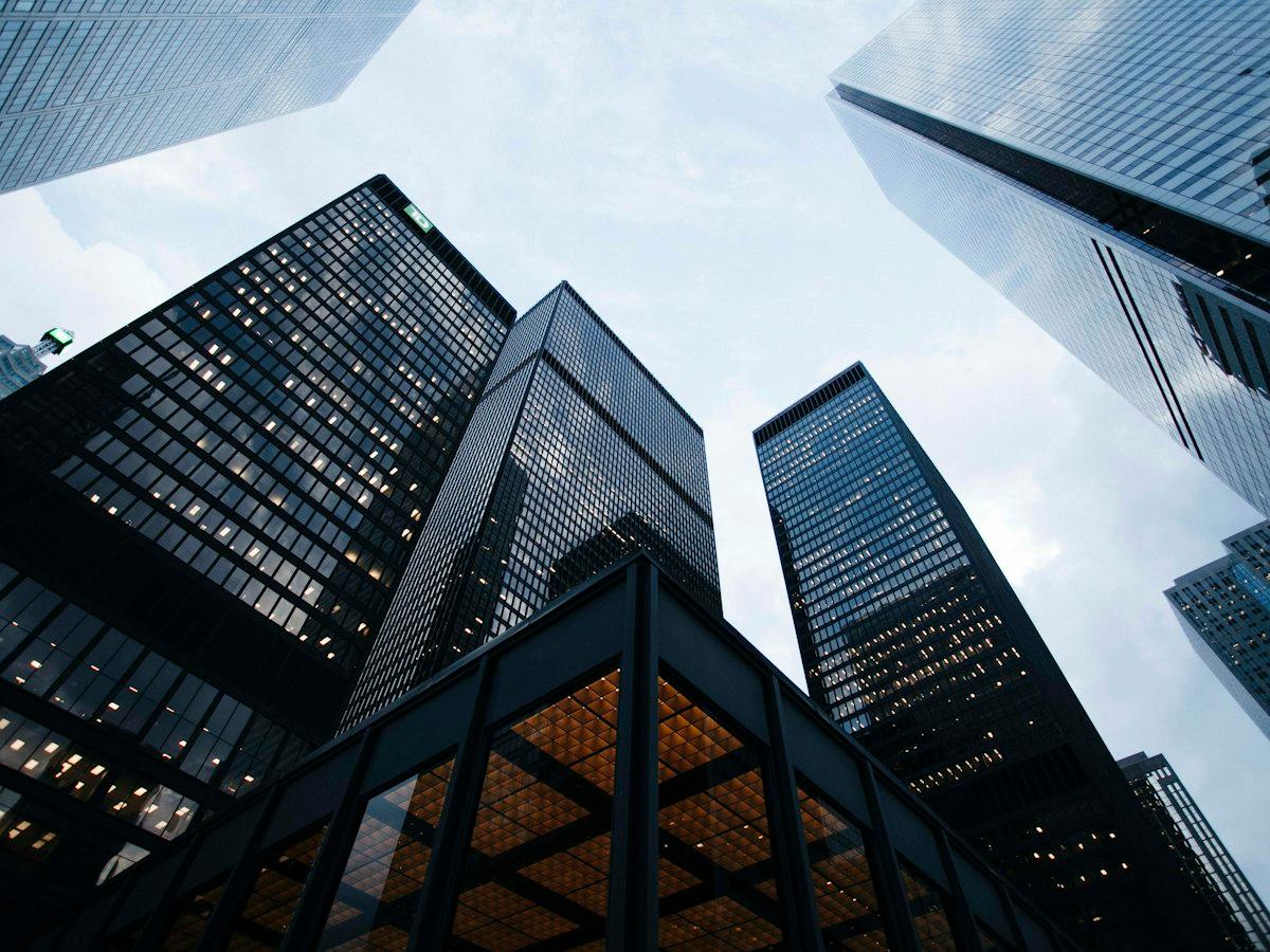 Modern office towers seen from street level